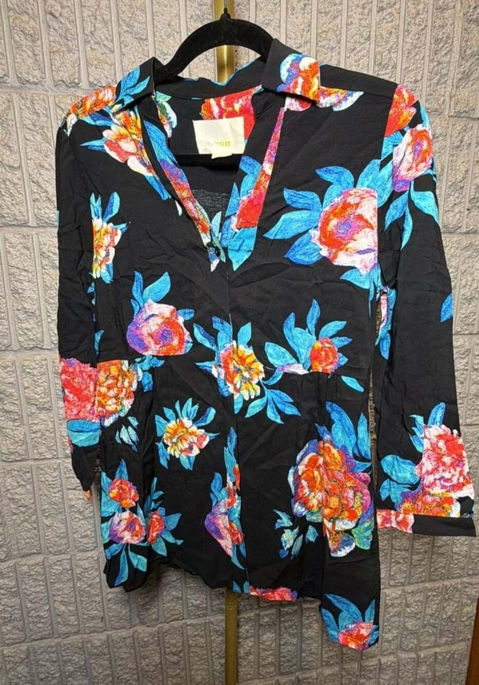 608 Anthropologie Maeve Woodland Walk Popover Blouse Shirt Black Blue Floral 8